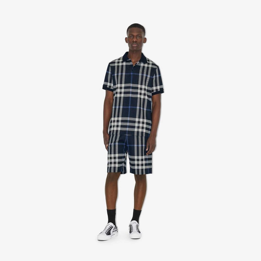 Mężczyźni Burberry Koszulki polo i T-shirty | Bawełniana, żakardowa koszulka polo w kratkę Biały/Ciemnoniebieski