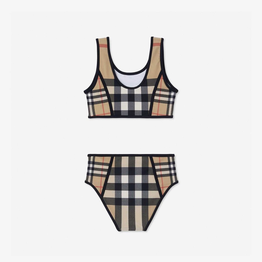 Dzieci Burberry Stroje kąpielowe | Kontrastowe bikini z rozciągliwego nylonu w kratkę Archiwalny beż